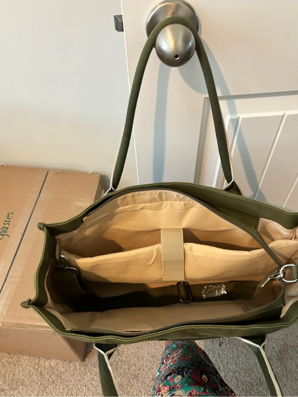 Olive Green Canvas Laptop Tote with Front Zip Pocket